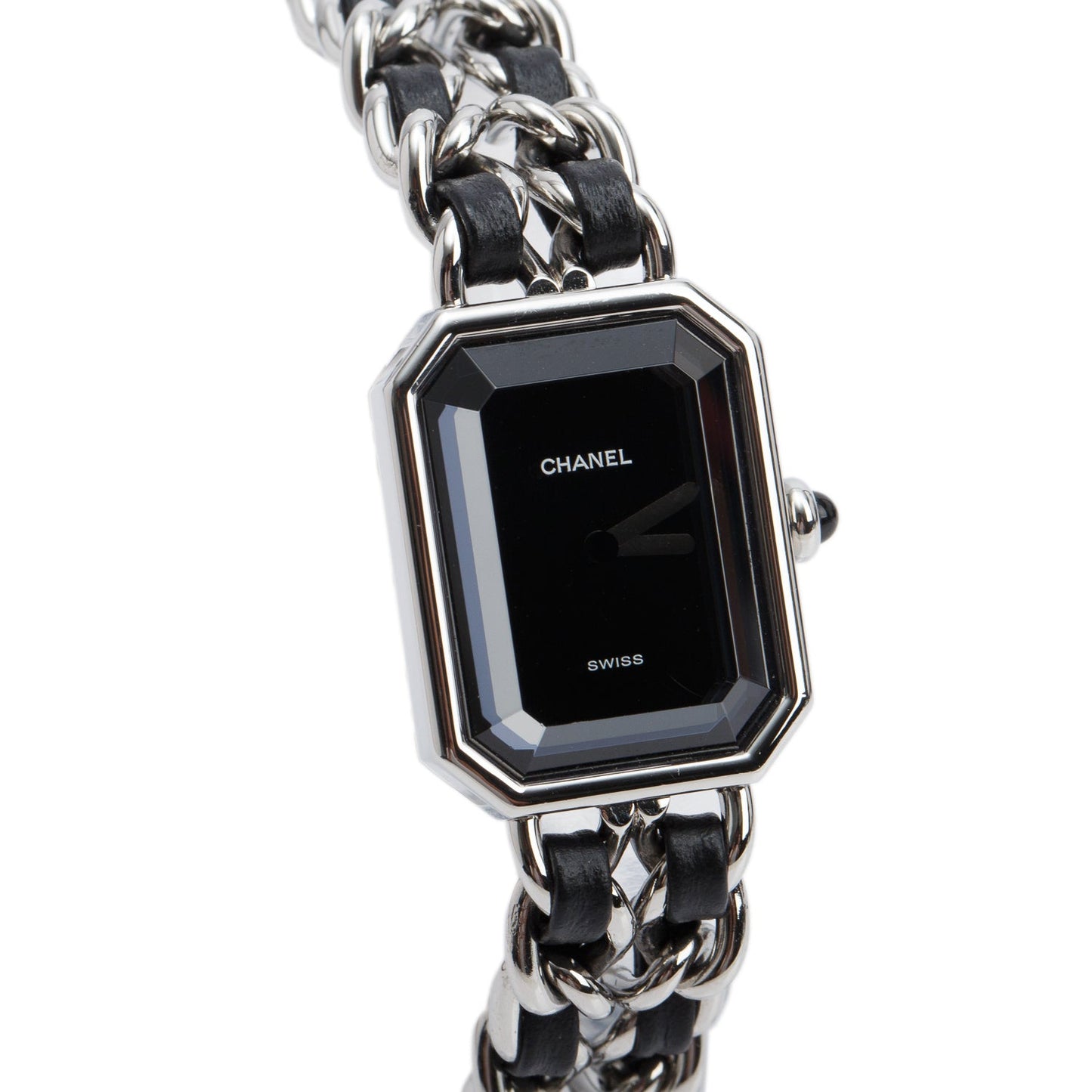 Chanel Stainless Steel & Black Leather Premiere Iconic Chain Watch Black Dial H7022 w/ Case & Papers
