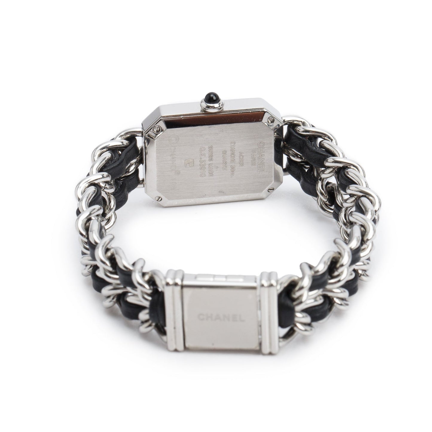 Chanel Stainless Steel & Black Leather Premiere Iconic Chain Watch Black Dial H7022 w/ Case & Papers