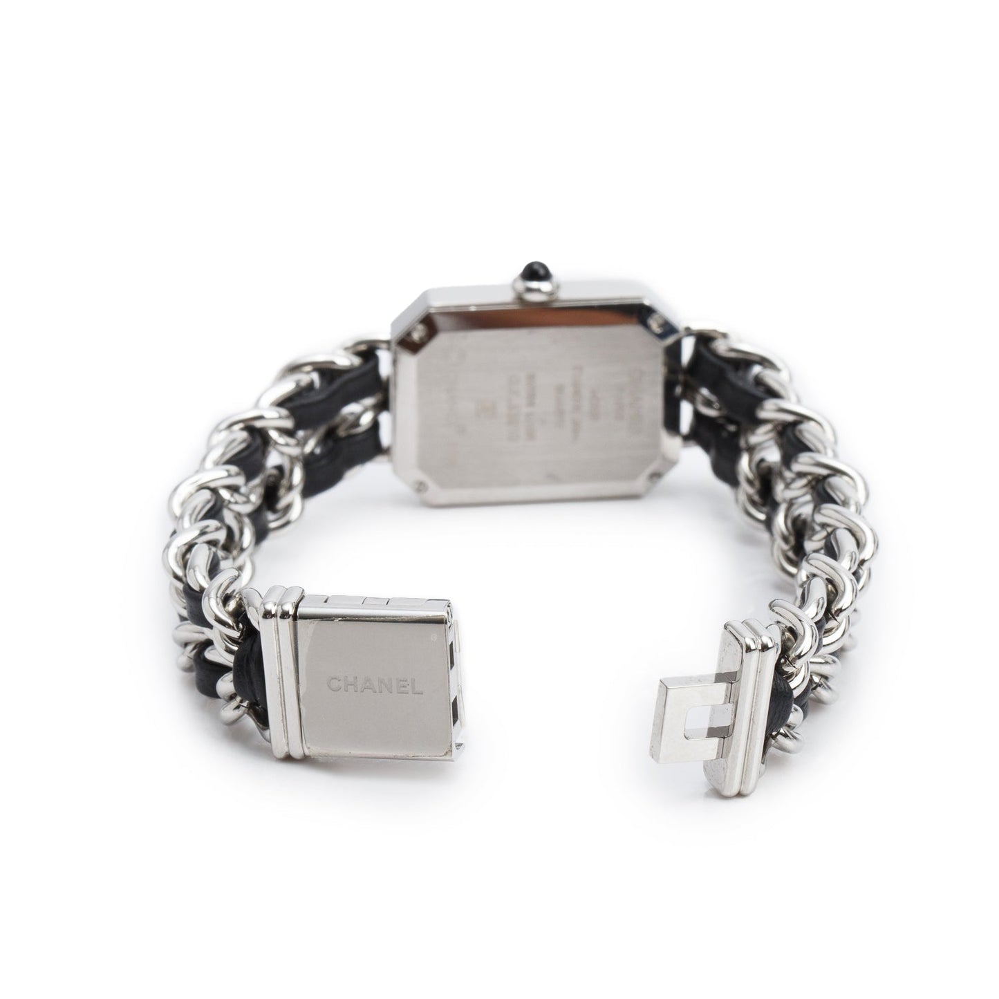 Chanel Stainless Steel & Black Leather Premiere Iconic Chain Watch Black Dial H7022 w/ Case & Papers