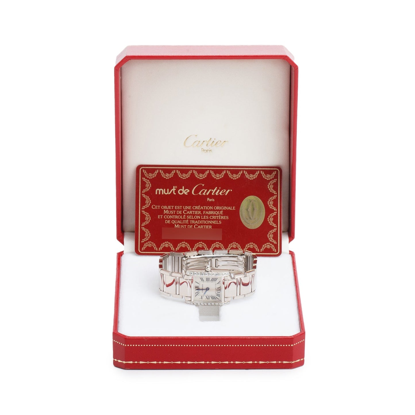 Cartier 18k White Gold Diamond Bezel Tank Francaise Watch 2403 w/ Box & Papers