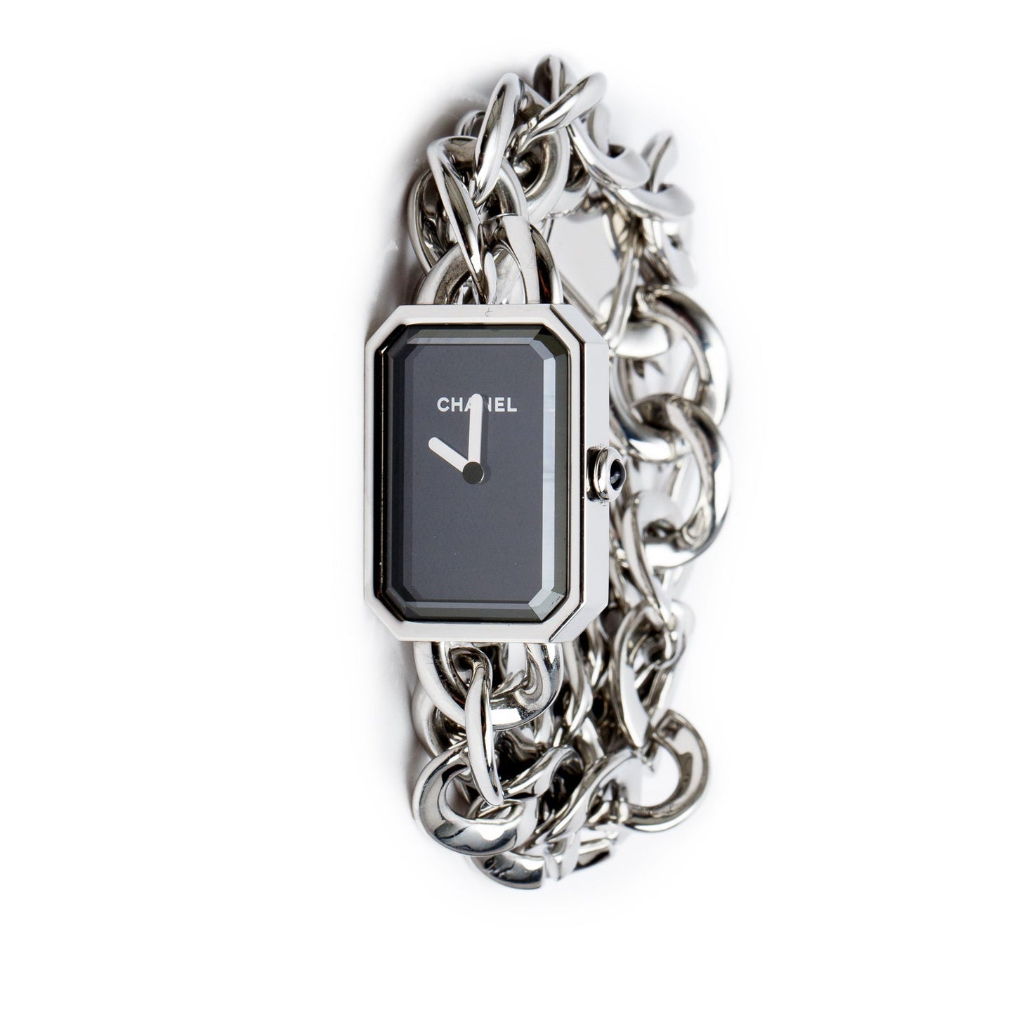 Chanel Stainless Steel Premiere Gourmette Chain Watch, Large Version Black Dial