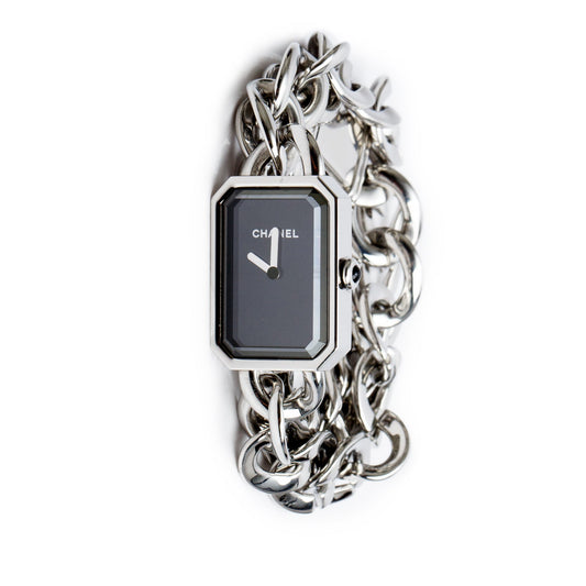 Chanel Stainless Steel Premiere Gourmette Chain Watch, Large Version Black Dial