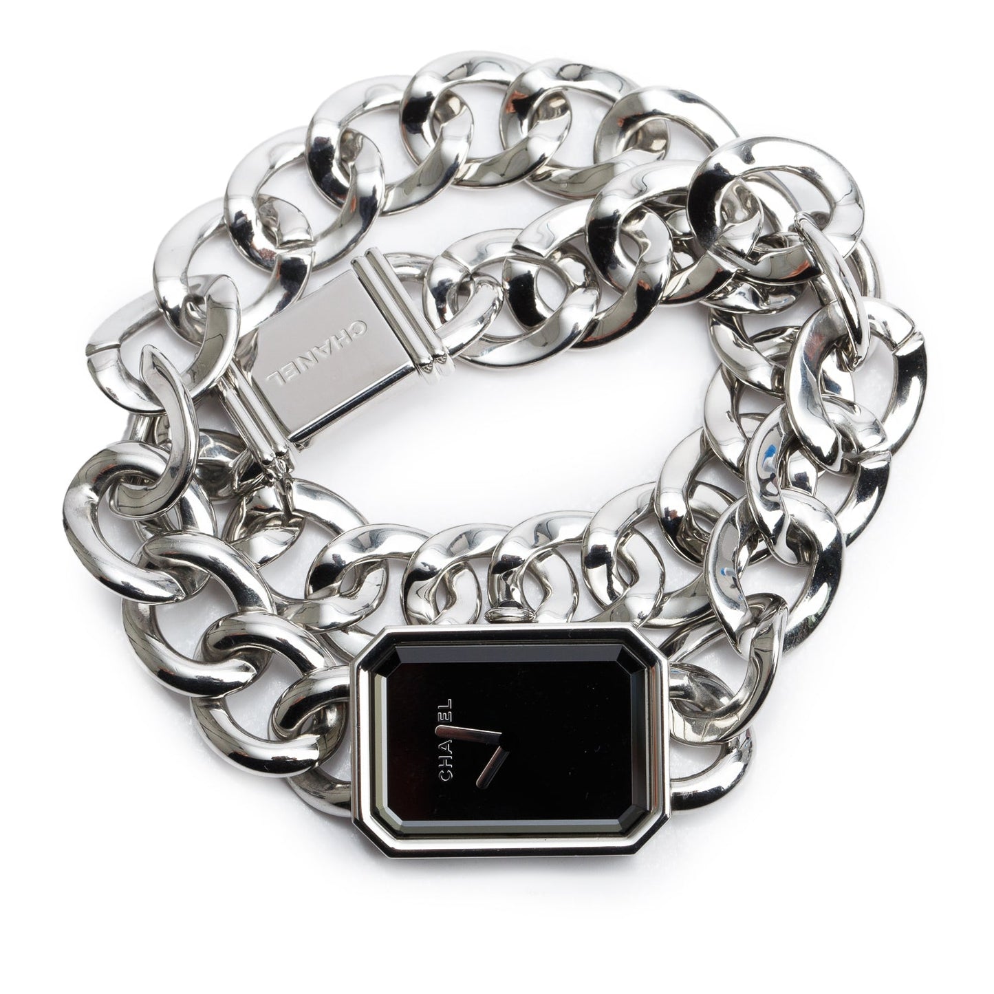 Chanel Stainless Steel Premiere Gourmette Chain Watch, Large Version Black Dial