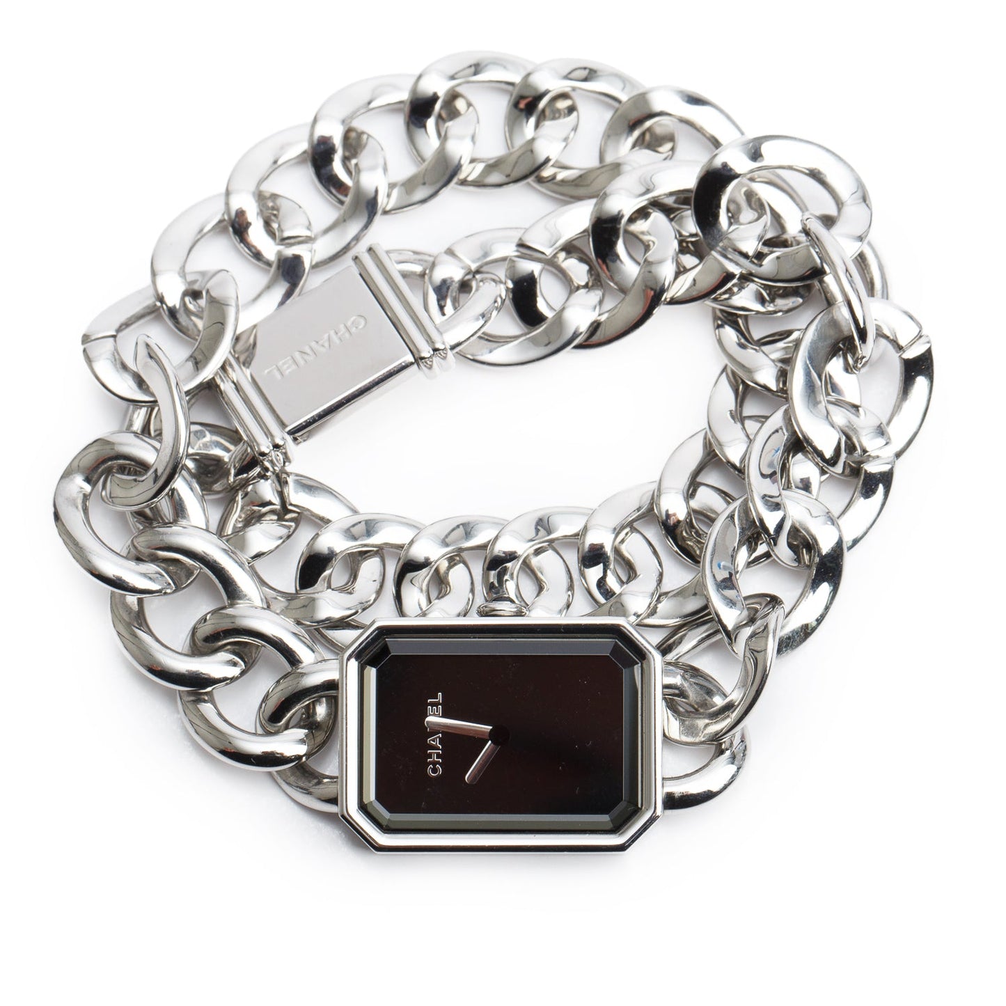 Chanel Stainless Steel Premiere Gourmette Chain Watch, Large Version Black Dial