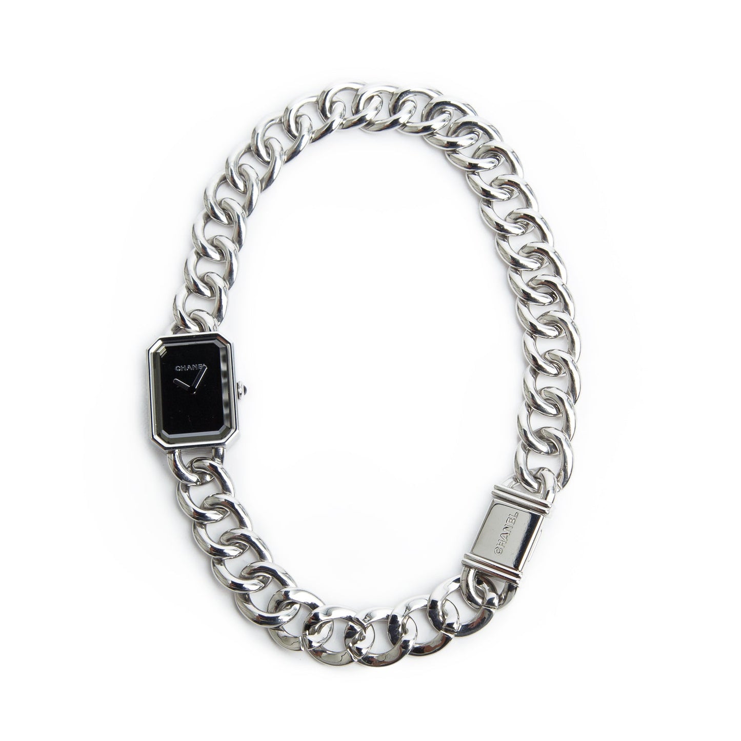 Chanel Stainless Steel Premiere Gourmette Chain Watch, Large Version Black Dial