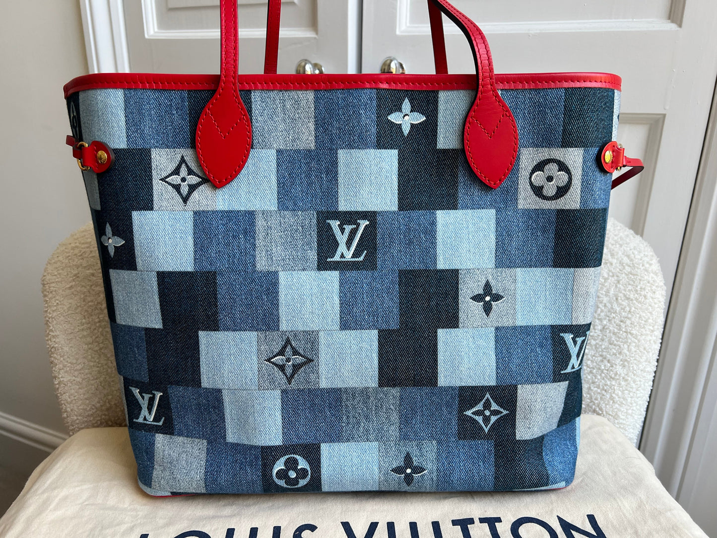 Louis Vuitton Neverfull MM Denim Rouge Patchwork