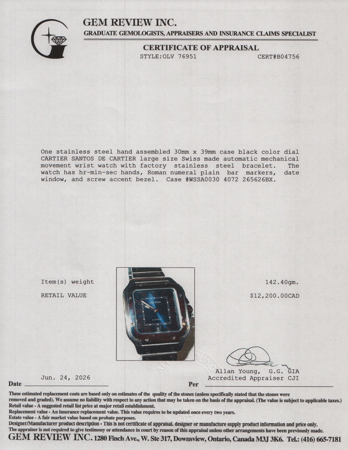 Cartier 2021 Stainless Steel Santos de Cartier Automatic Watch, Large Model Blue Dial 4072 w/ Box & Papers
