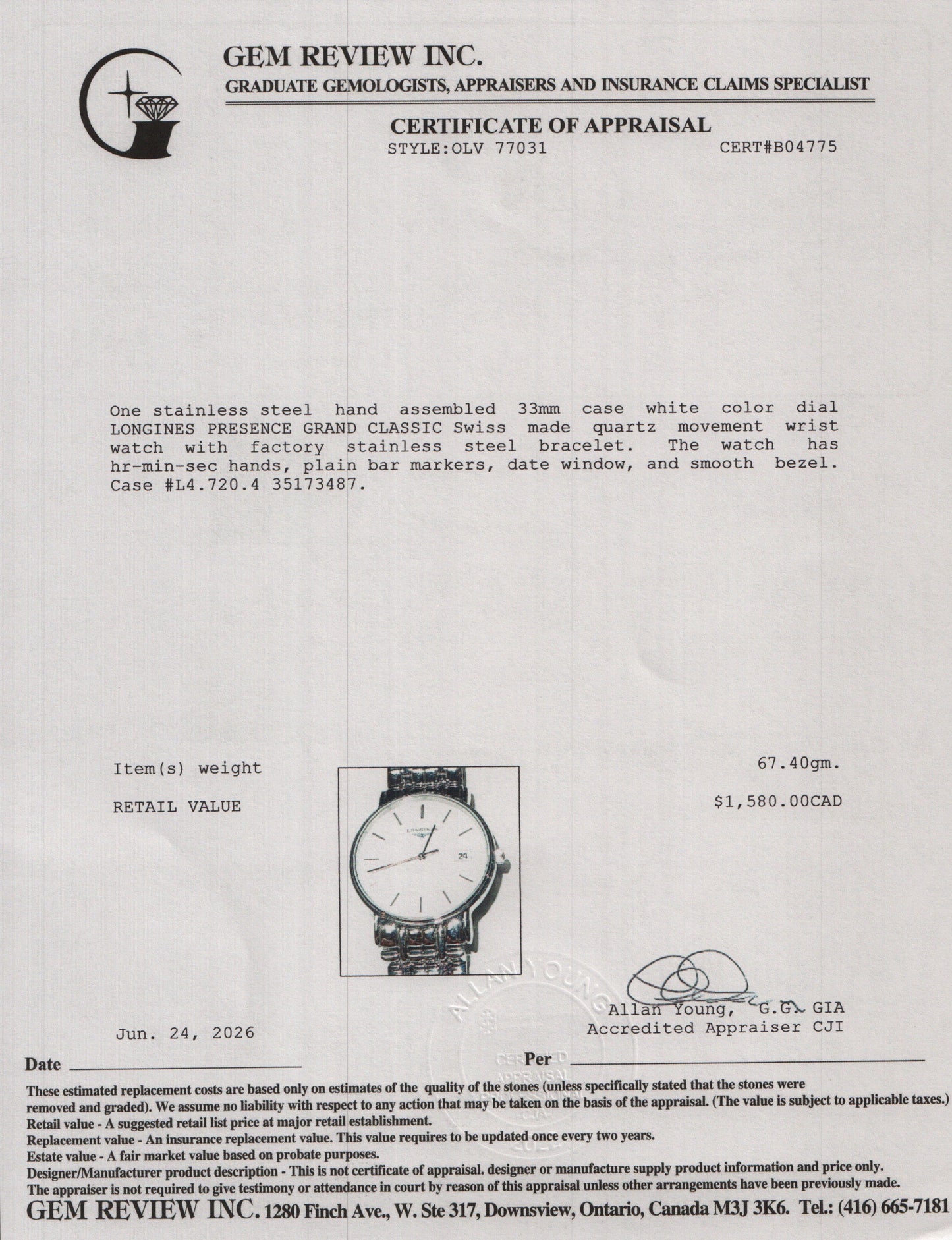 Longines Stainless Steel Presence grand Classic 33 MM Quartz Watch White Dial