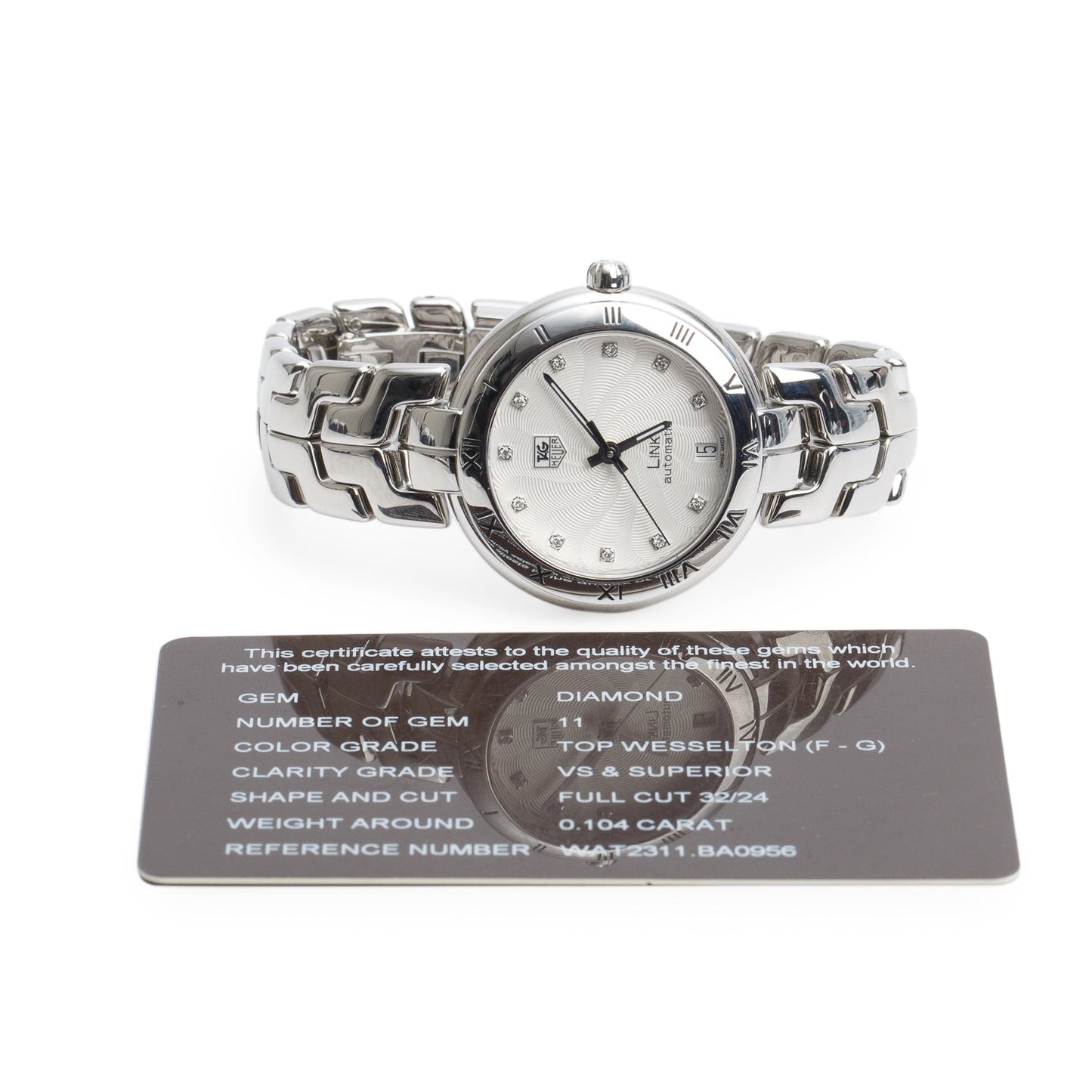 Tag Heuer Stainless Steel Link 35 MM Calibre 7 Automatic Watch Silver Diamond Dial WAT2311 w/ Papers