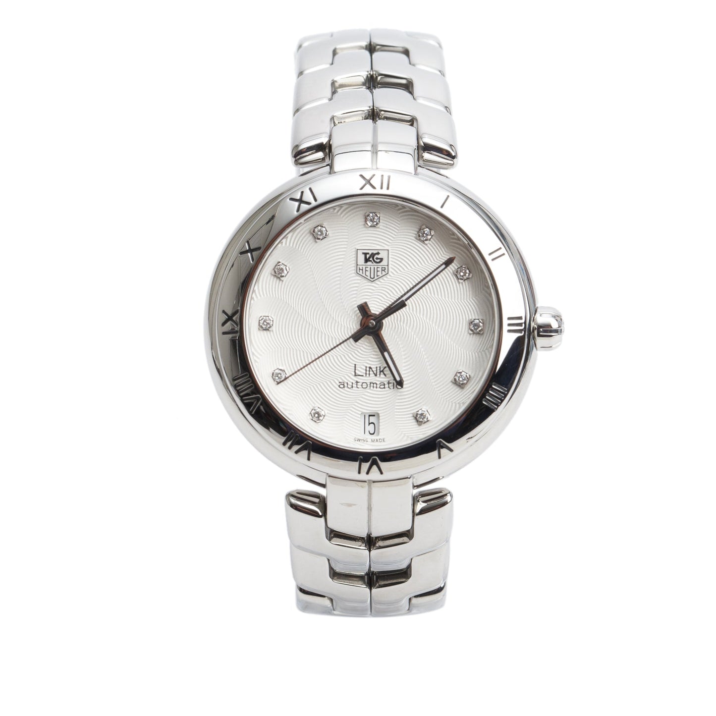 Tag Heuer Stainless Steel Link 35 MM Calibre 7 Automatic Watch Silver Diamond Dial WAT2311 w/ Papers