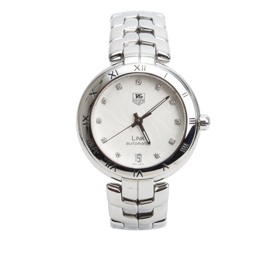 Tag Heuer Stainless Steel Link 35 MM Calibre 7 Automatic Watch Silver Diamond Dial WAT2311 w/ Papers