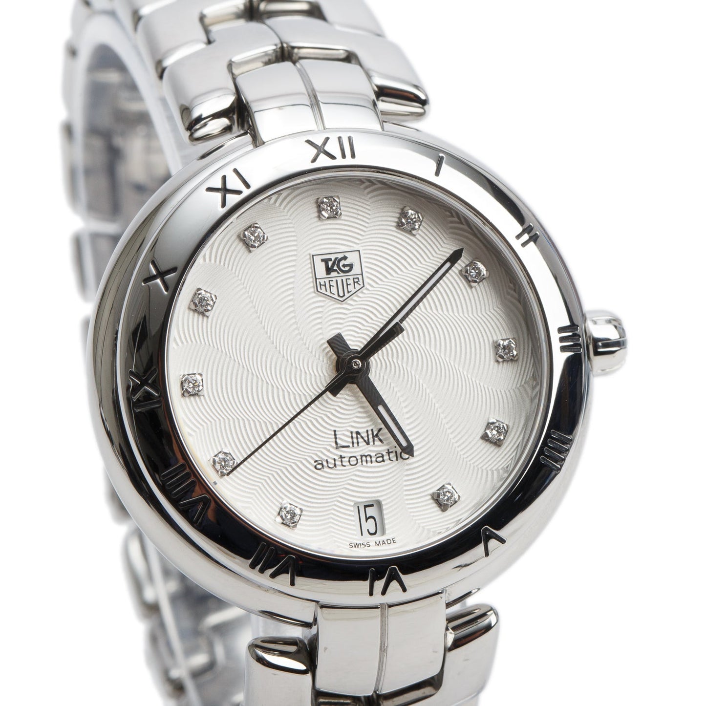 Tag Heuer Stainless Steel Link 35 MM Calibre 7 Automatic Watch Silver Diamond Dial WAT2311 w/ Papers