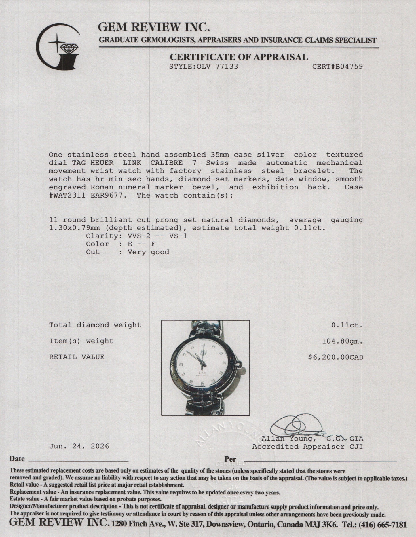 Tag Heuer Stainless Steel Link 35 MM Calibre 7 Automatic Watch Silver Diamond Dial WAT2311 w/ Papers