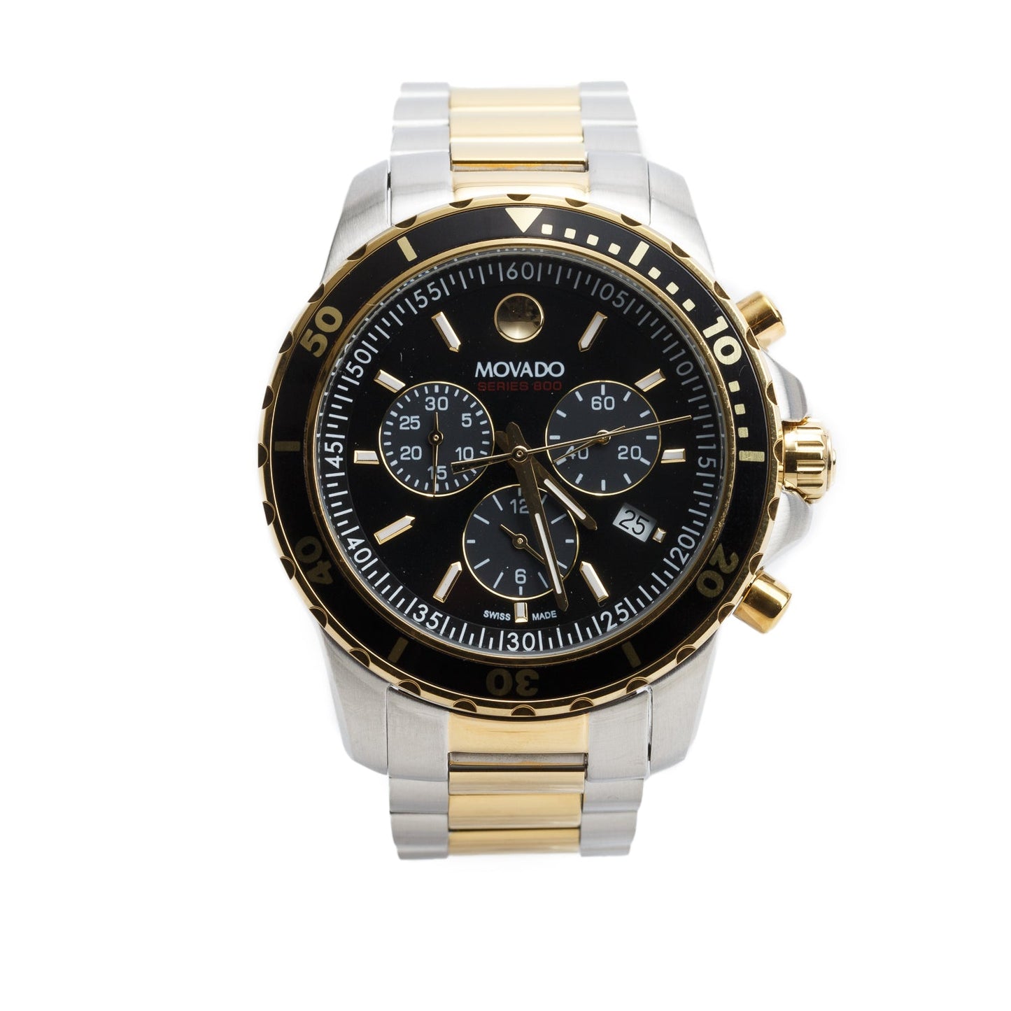 Movado Two-Tone Stainless Steel Series 800 42 MM Chronograph Quartz Watch Black Dial w/ Box
