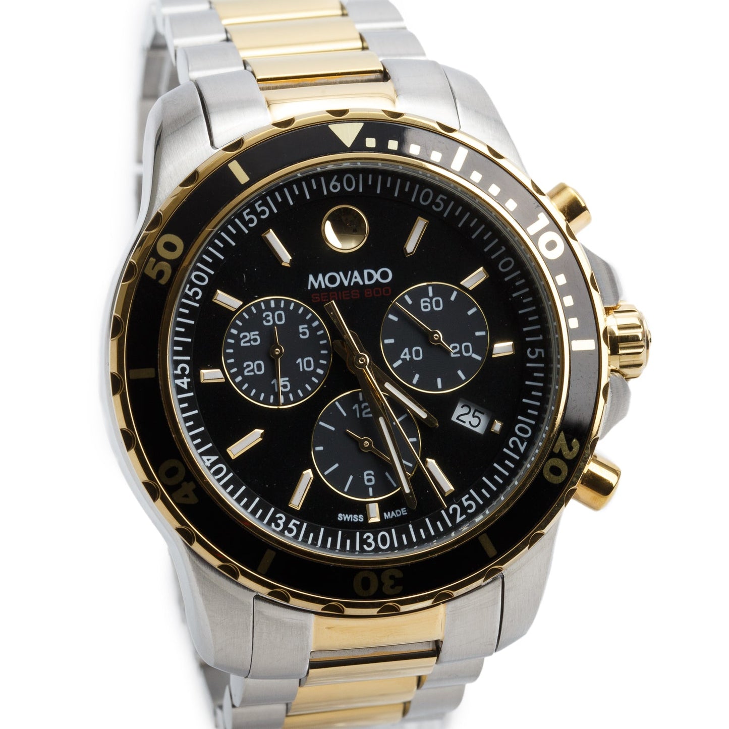 Movado Two-Tone Stainless Steel Series 800 42 MM Chronograph Quartz Watch Black Dial w/ Box