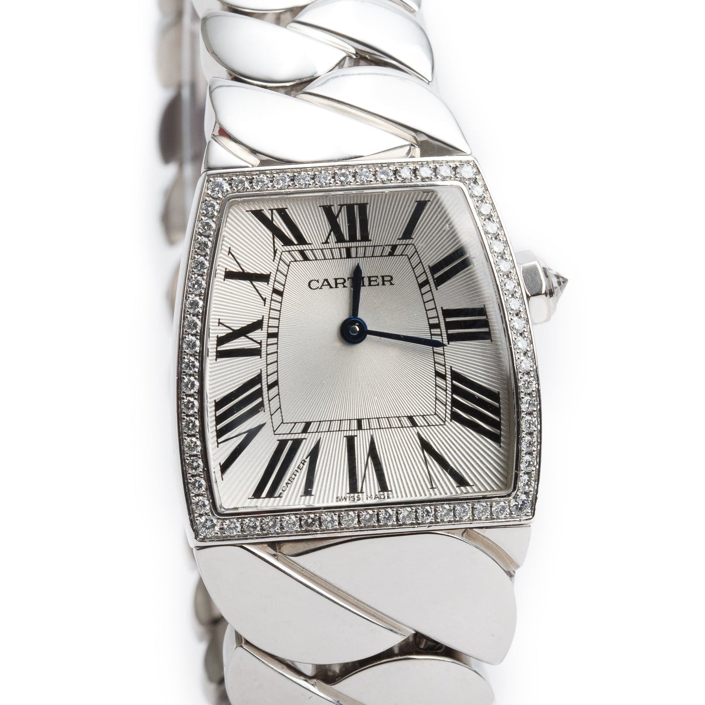 Cartier 18k White Gold Diamond Bezel La Dona de Cartier 28 MM Quartz Watch Silver Dial, Large Model 2895 w/ Box