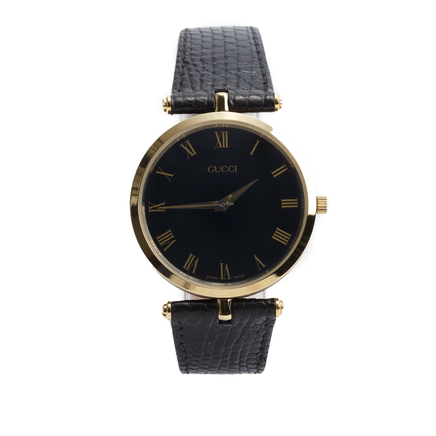 Gucci Vintage Gold Plated Stainless Steel Stack Stack 34 MM Quartz Watch Black Dial