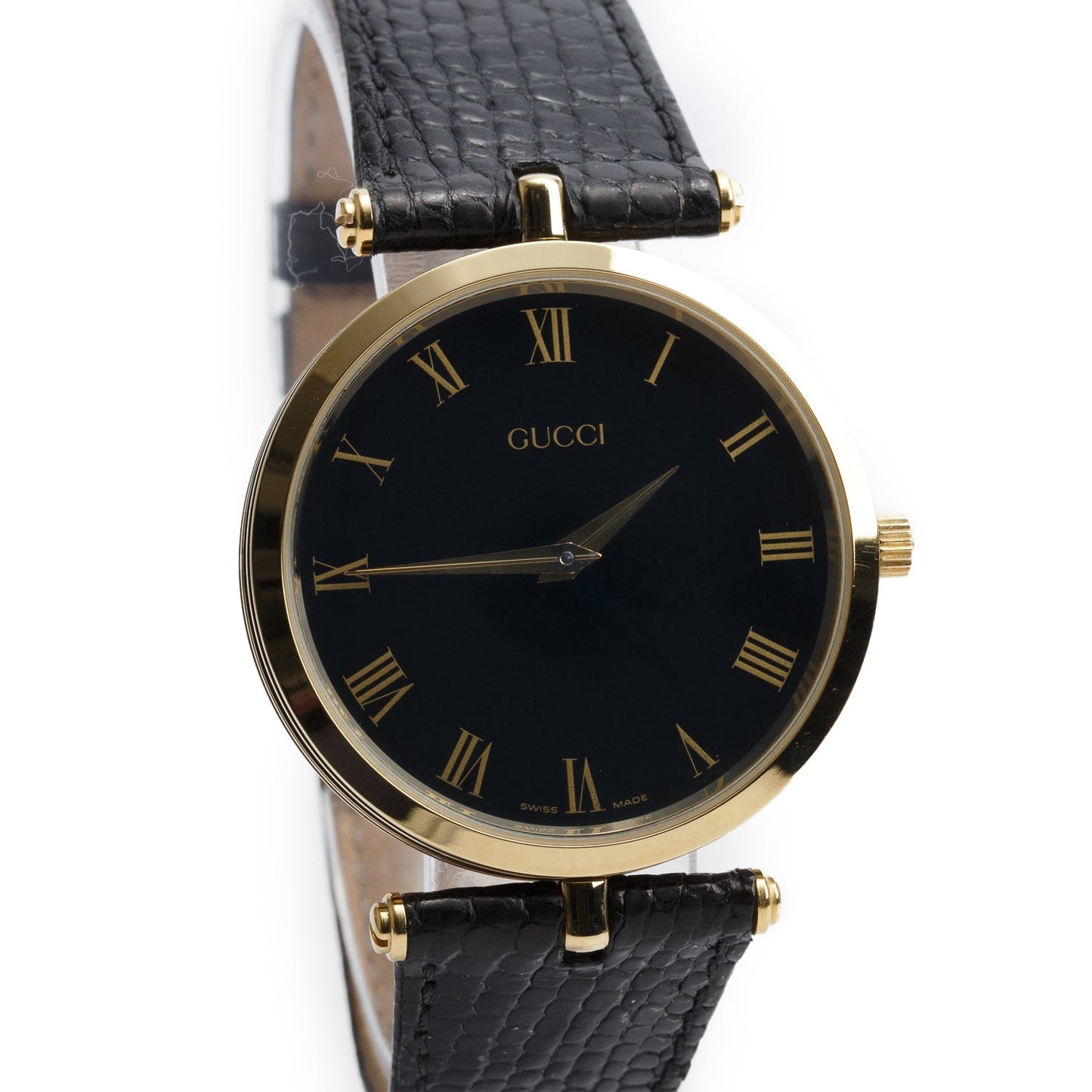 Gucci Vintage Gold Plated Stainless Steel Stack Stack 34 MM Quartz Watch Black Dial