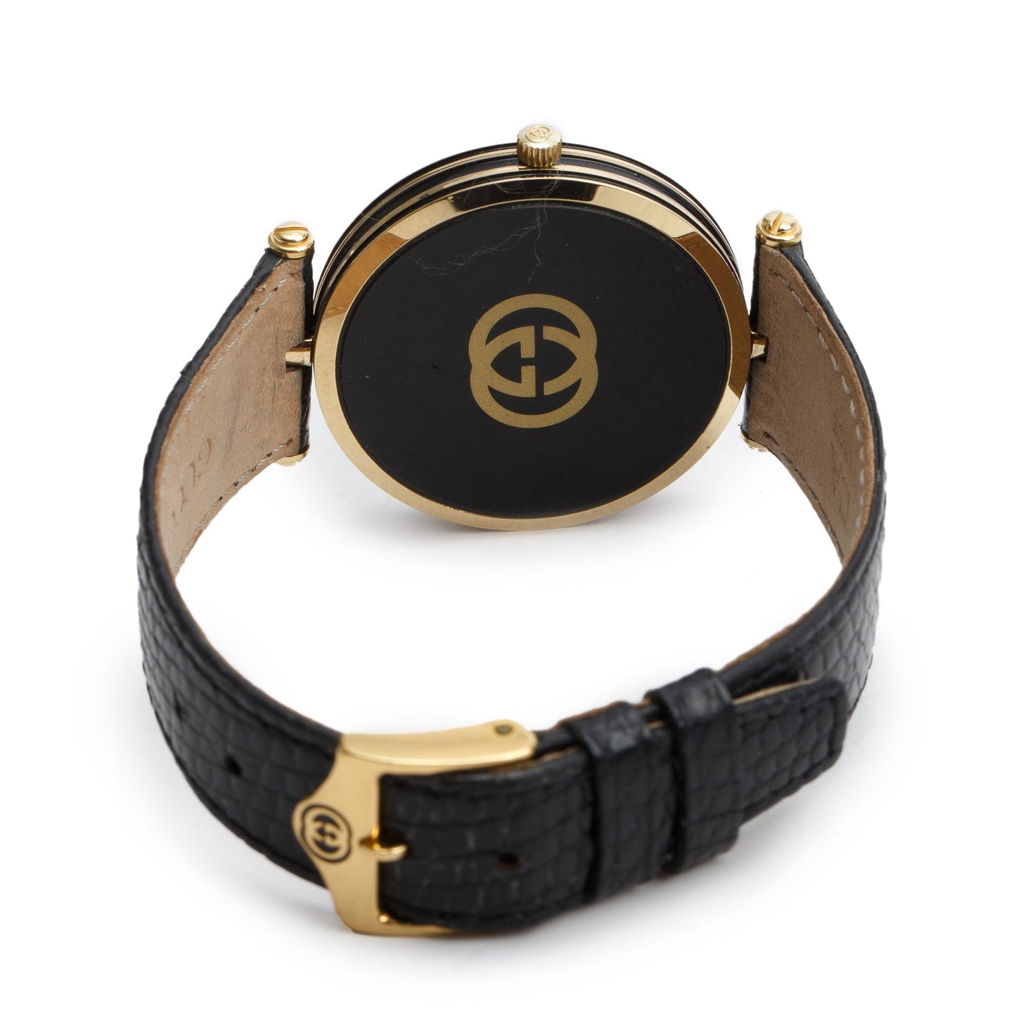 Gucci Vintage Gold Plated Stainless Steel Stack Stack 34 MM Quartz Watch Black Dial