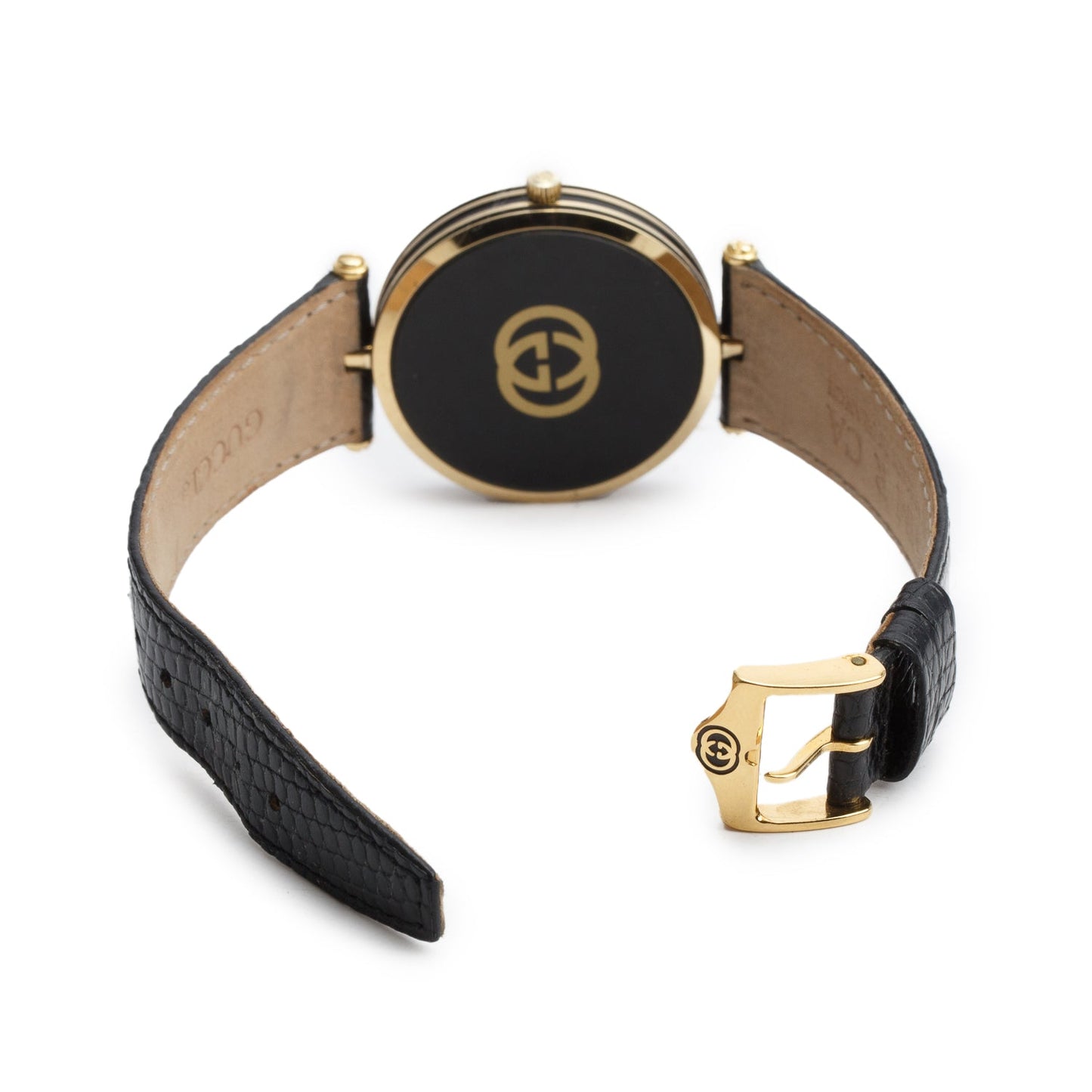 Gucci Vintage Gold Plated Stainless Steel Stack Stack 34 MM Quartz Watch Black Dial