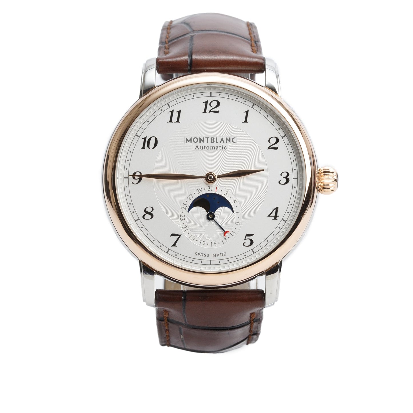 Montblanc 2025 Stainless Steel & 18k Rose Gold Star Legacy 42 MM Automatic Moonphase Watch Silver Guilloche Dial 117580 w/ Box