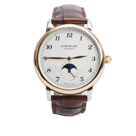 Montblanc 2025 Stainless Steel & 18k Rose Gold Star Legacy 42 MM Automatic Moonphase Watch Silver Guilloche Dial 117580 w/ Box