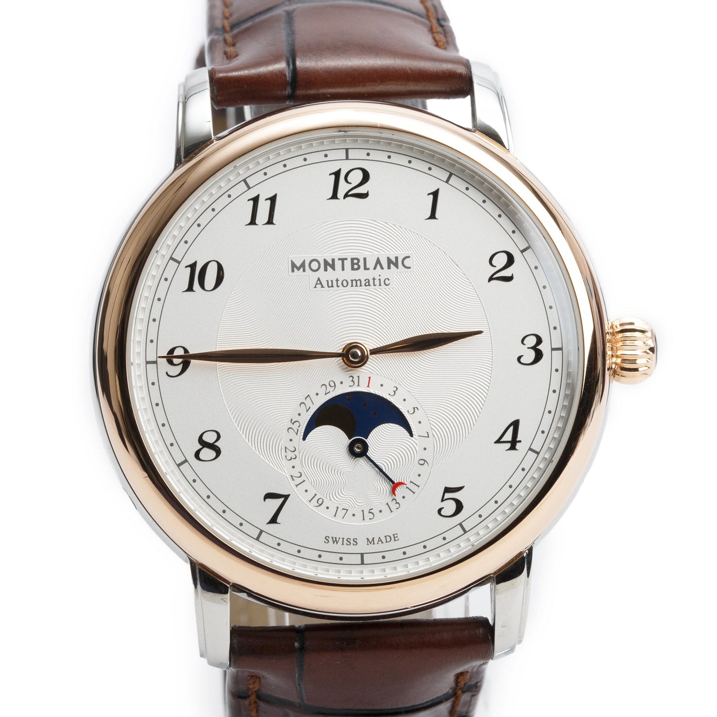 Montblanc 2025 Stainless Steel & 18k Rose Gold Star Legacy 42 MM Automatic Moonphase Watch Silver Guilloche Dial 117580 w/ Box