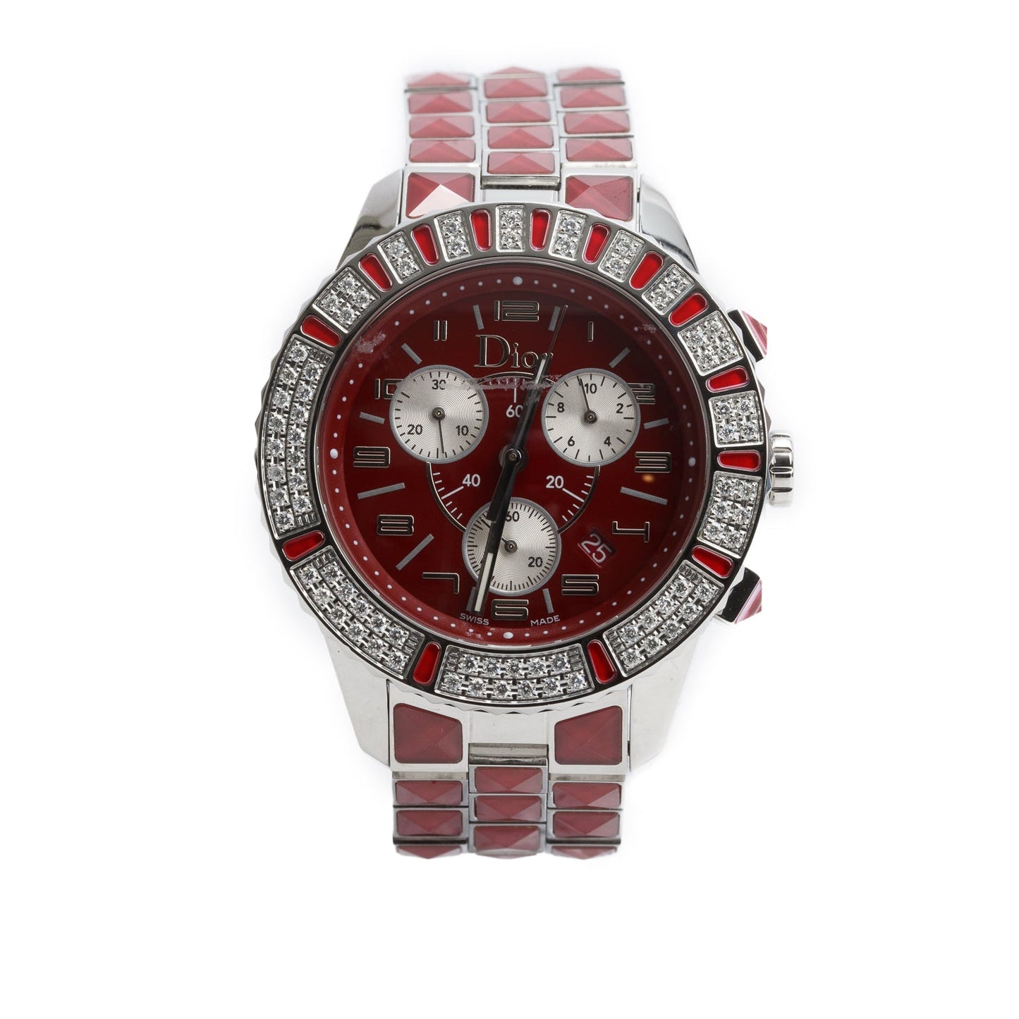 Christian Dior Stainless Steel Christal Diamond Bezel 38 MM Quartz Chronograph Watch Red Dial CD114311 w/ Papers & Extra Strap