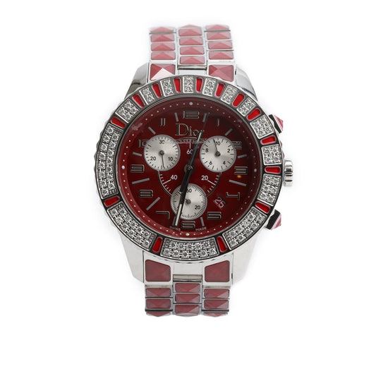 Christian Dior Stainless Steel Christal Diamond Bezel 38 MM Quartz Chronograph Watch Red Dial CD114311 w/ Papers & Extra Strap