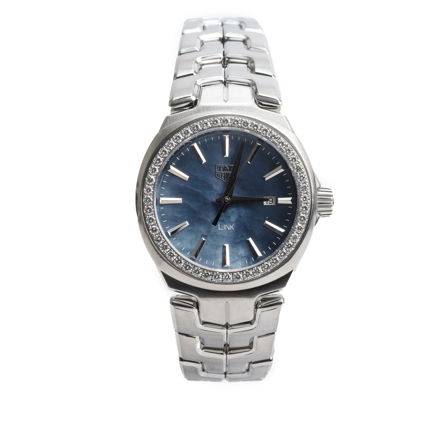 Tag Heuer Stainless Steel Diamond Bezel Link 32 MM Quartz Watch Blue Mother of Pearl Dial WBC1315 w/ Box & Papers