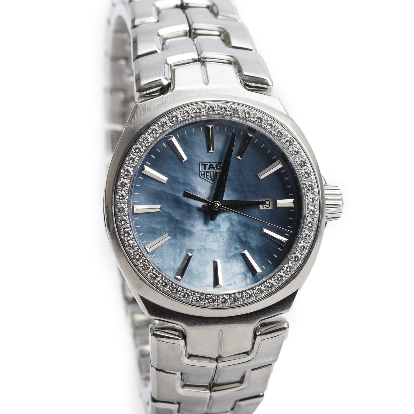 Tag Heuer Stainless Steel Diamond Bezel Link 32 MM Quartz Watch Blue Mother of Pearl Dial WBC1315 w/ Box & Papers