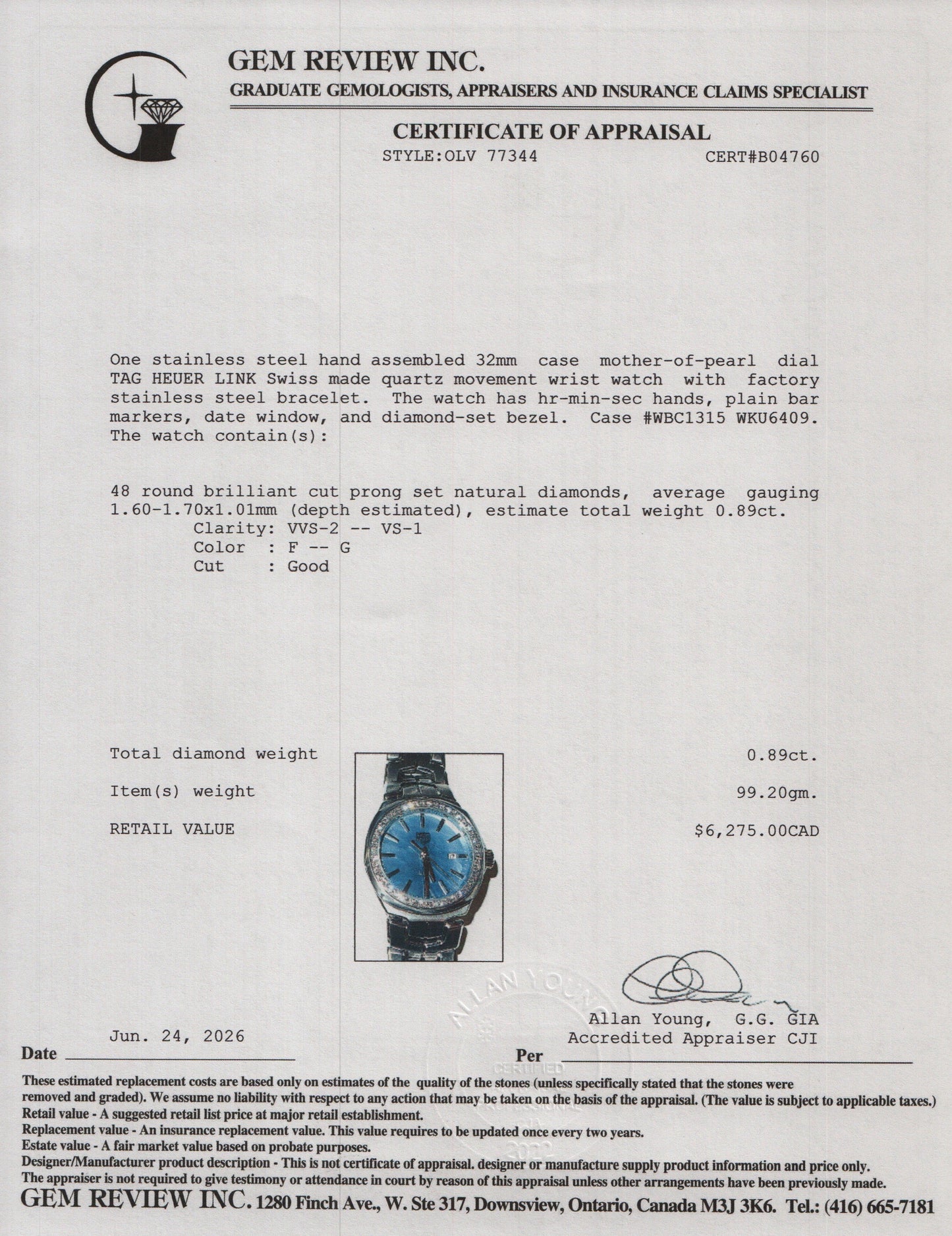 Tag Heuer Stainless Steel Diamond Bezel Link 32 MM Quartz Watch Blue Mother of Pearl Dial WBC1315 w/ Box & Papers
