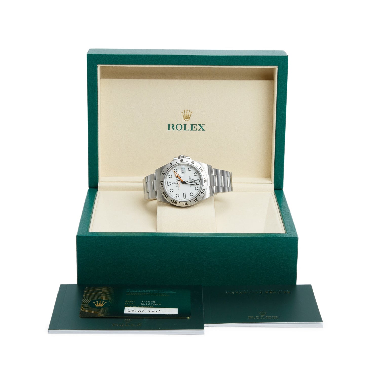 Rolex 2026 Stainless Steel Explorer II 42 MM Automatic Watch White Dial 226570 w/ Box & Papers