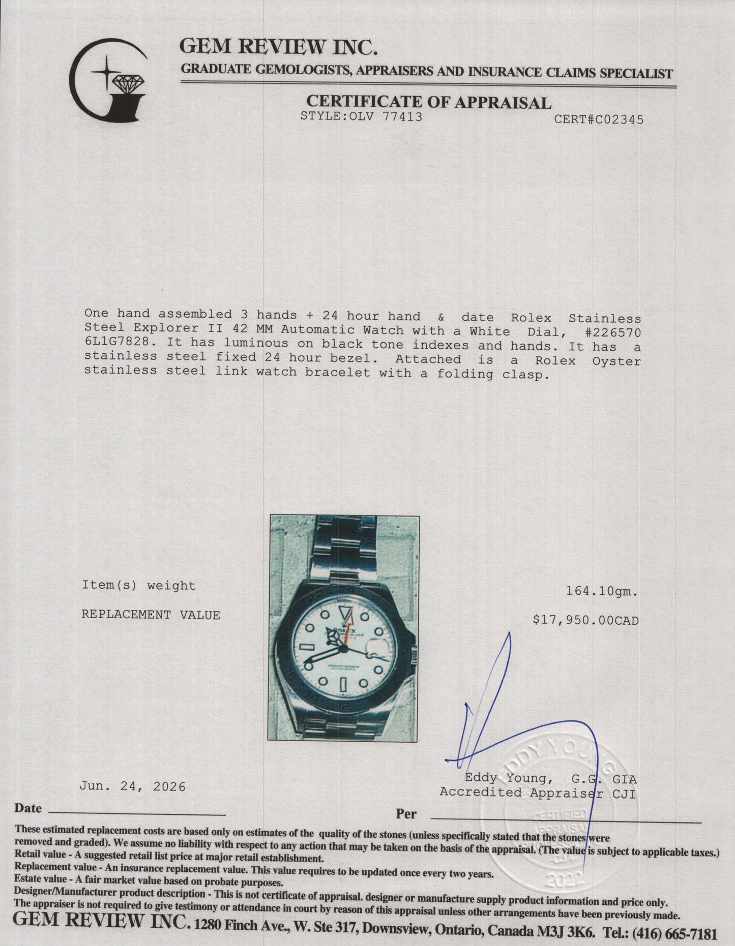 Rolex 2026 Stainless Steel Explorer II 42 MM Automatic Watch White Dial 226570 w/ Box & Papers