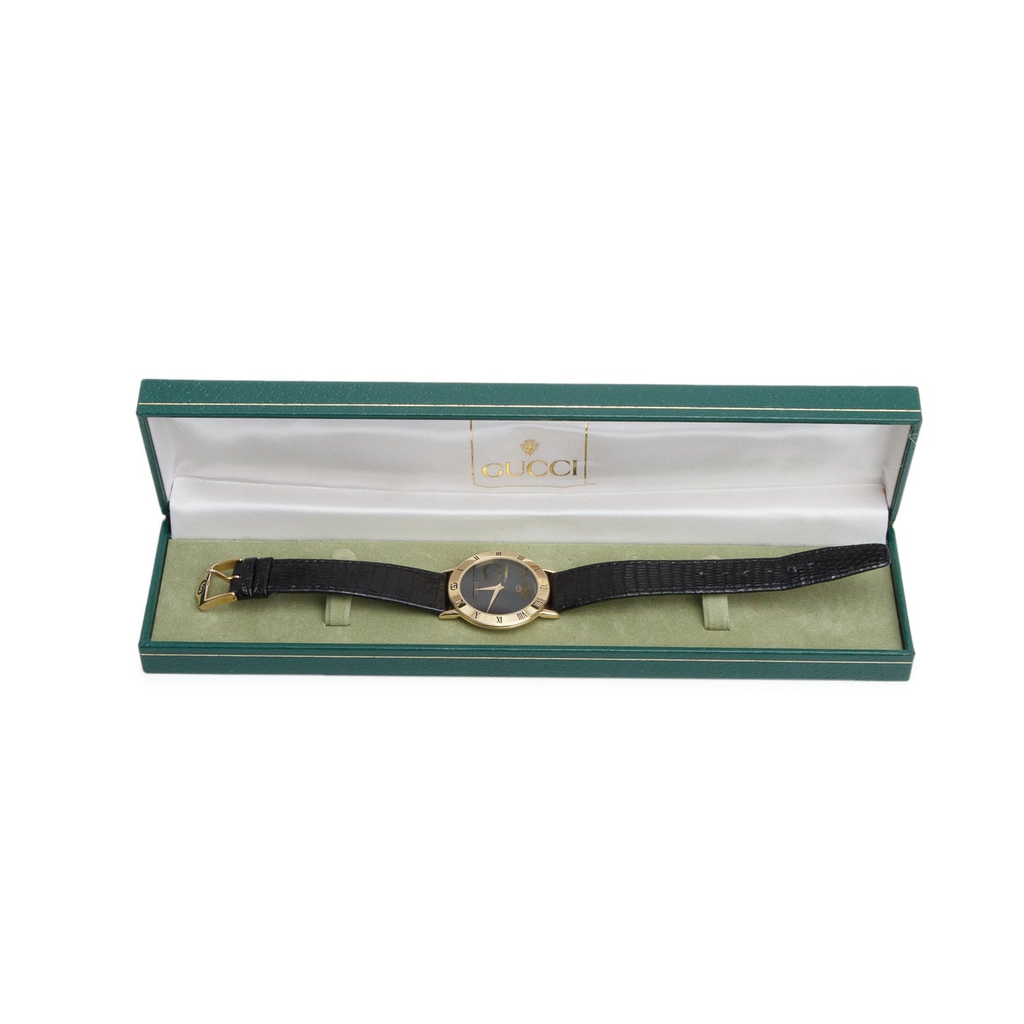 Gucci Gold Plated Stainless Steel 3000 Series 33 MM Quartz Watch Black Dial w/ Box