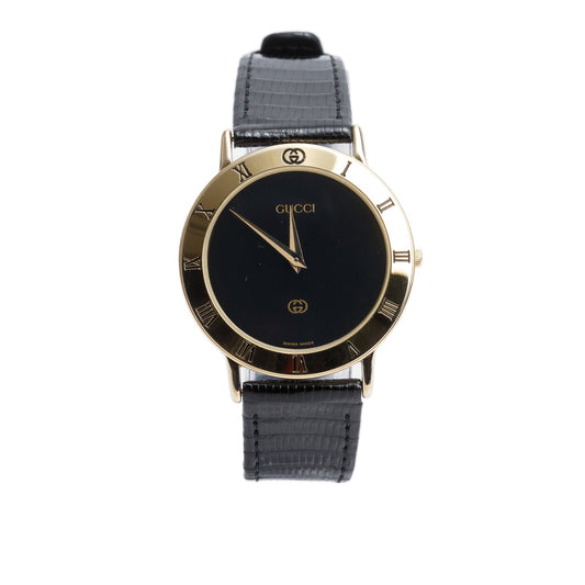 Gucci Gold Plated Stainless Steel 3000 Series 33 MM Quartz Watch Black Dial w/ Box