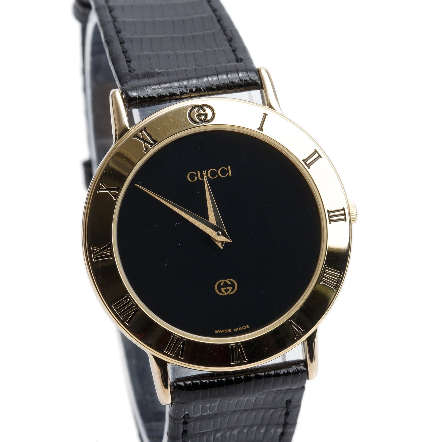 Gucci Gold Plated Stainless Steel 3000 Series 33 MM Quartz Watch Black Dial w/ Box