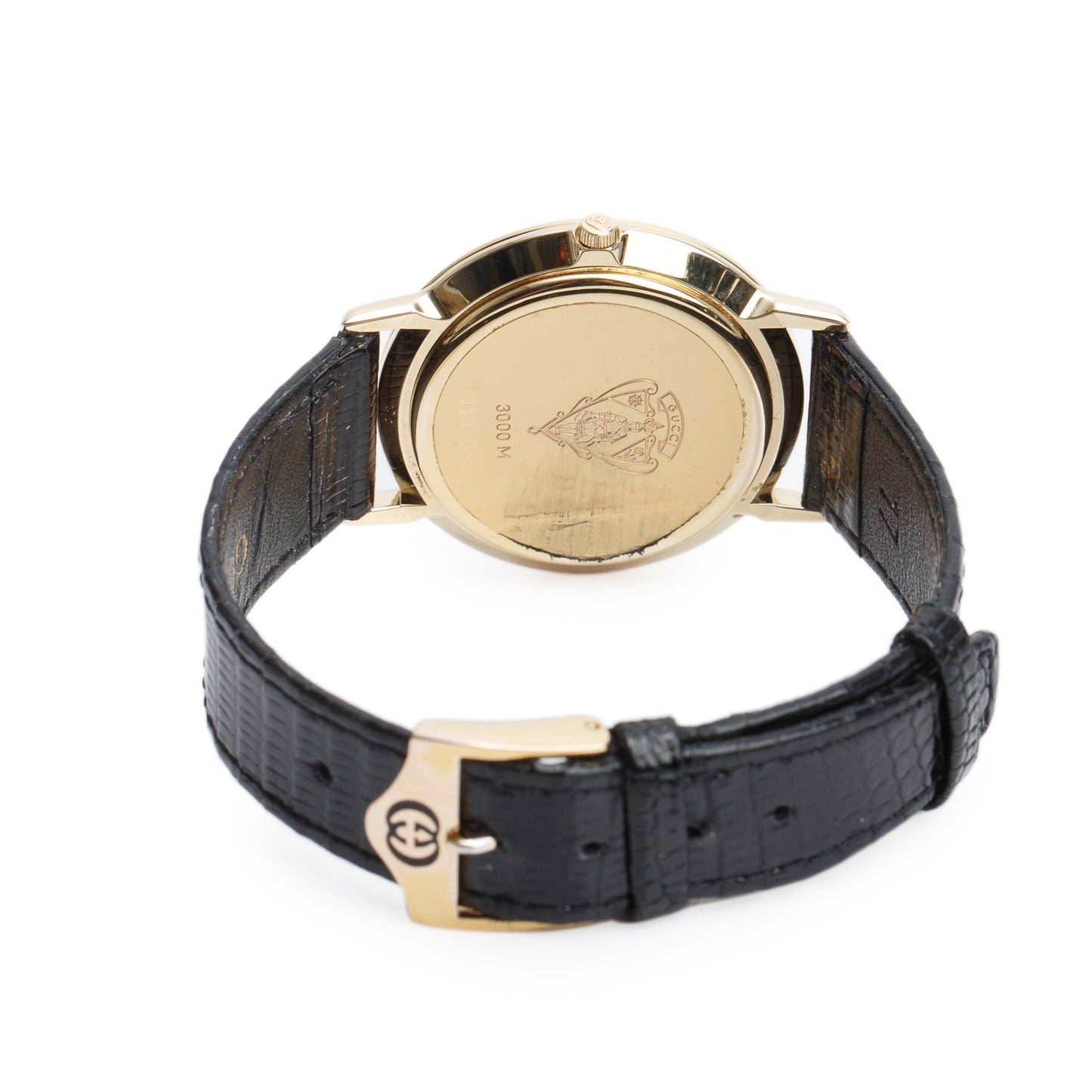 Gucci Gold Plated Stainless Steel 3000 Series 33 MM Quartz Watch Black Dial w/ Box