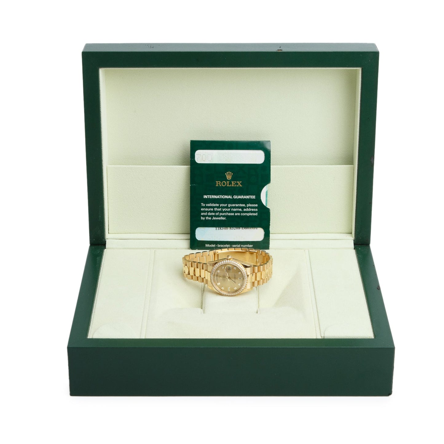 Rolex 18k Yellow Gold Diamond Bezel Day Date 36 MM President Watch Champagne Diamond Dial 118348 w/ Box & Papers