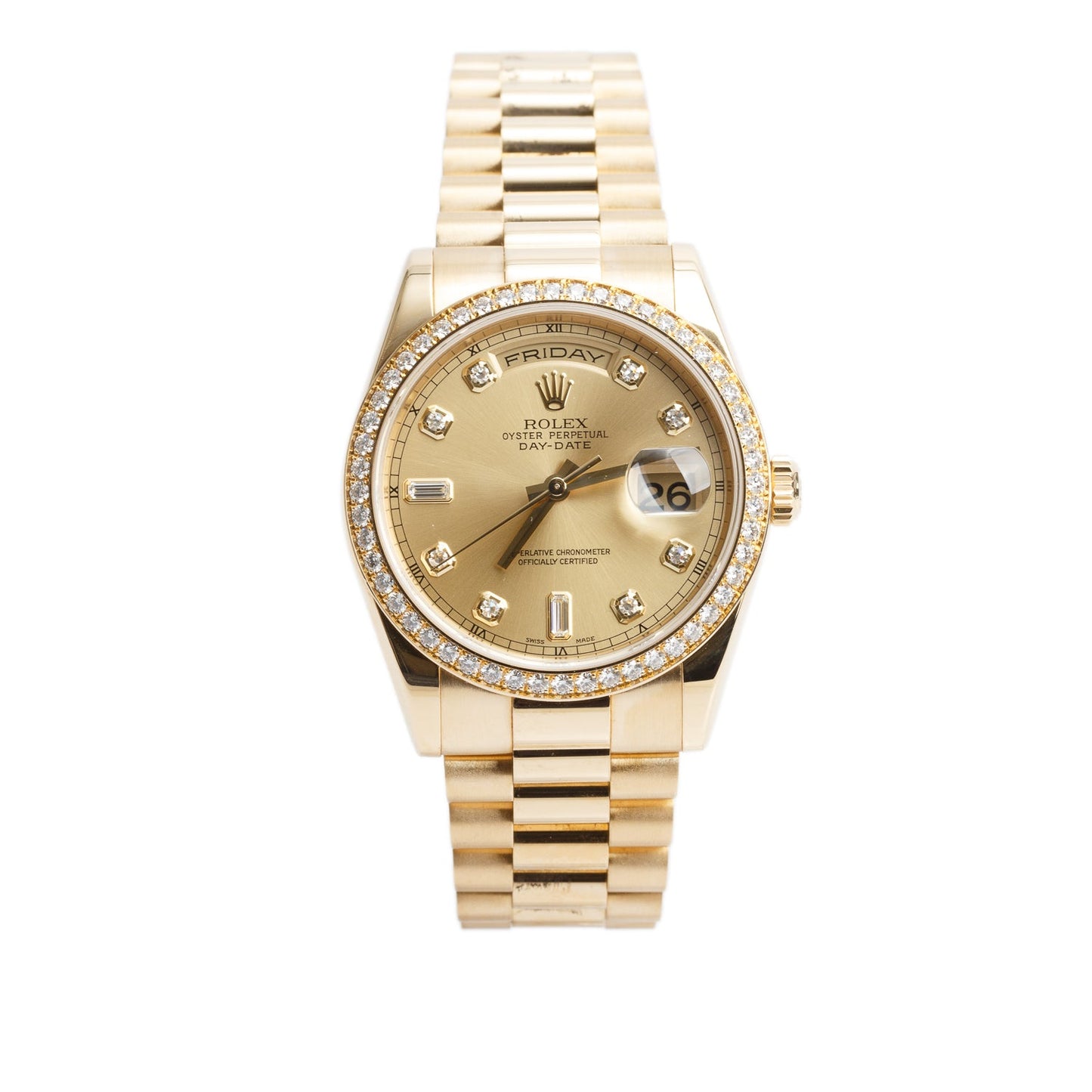 Rolex 18k Yellow Gold Diamond Bezel Day Date 36 MM President Watch Champagne Diamond Dial 118348 w/ Box & Papers