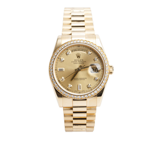 Rolex 18k Yellow Gold Diamond Bezel Day Date 36 MM President Watch Champagne Diamond Dial 118348 w/ Box & Papers