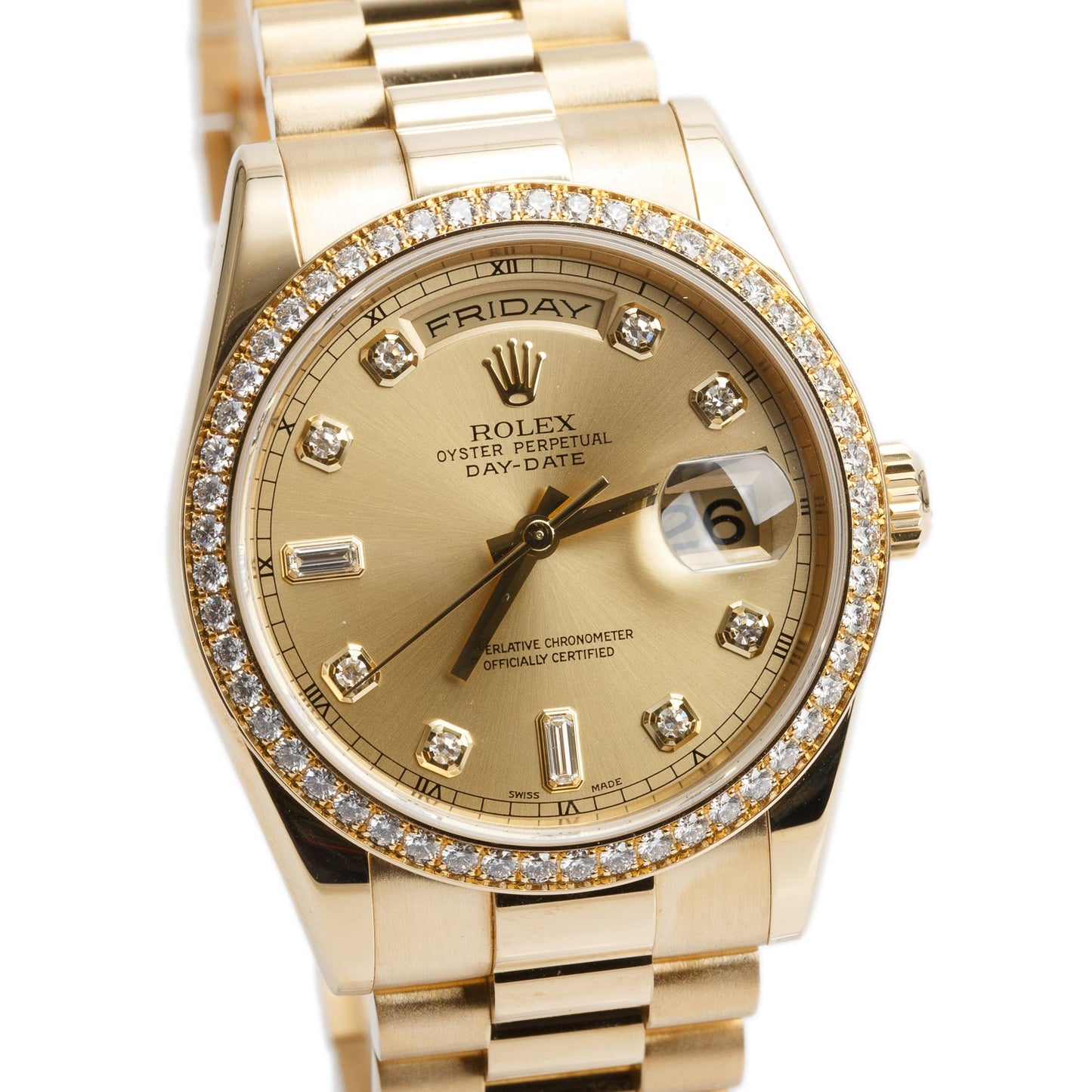 Rolex 18k Yellow Gold Diamond Bezel Day Date 36 MM President Watch Champagne Diamond Dial 118348 w/ Box & Papers