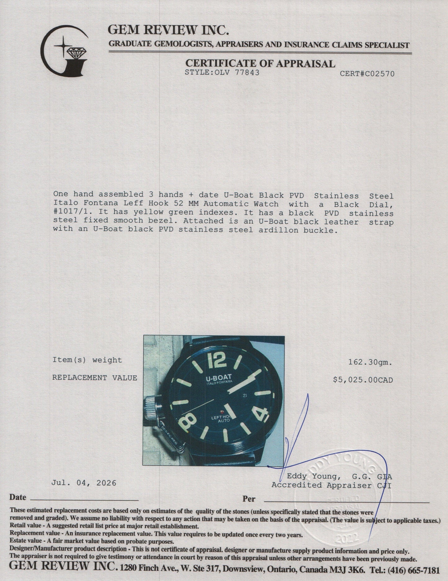 U-Boat Black PVD Stainless Steel Italo Fontana Leff Hook 52 MM Automatic Watch Black Dial w/ Box & Extra Strap