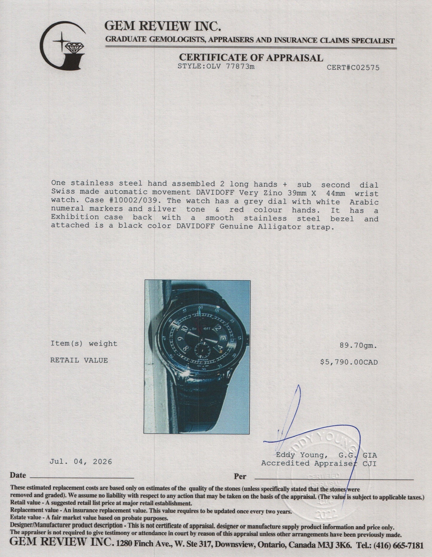 Davidoff Very Zino 44 MM Chronograph Automatic Watch, Black Dial 10002