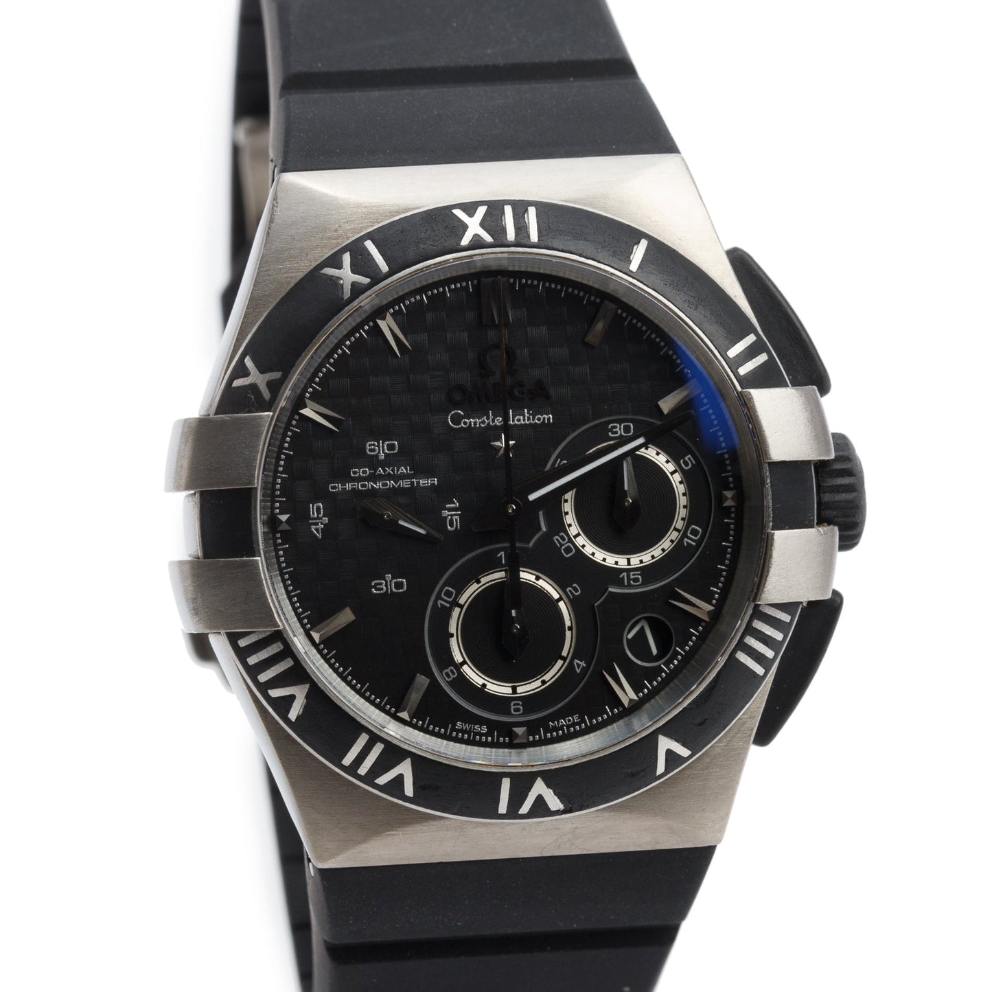 Omega Titanium Constellation Double Eagle Mission Hills World Cup 35 MM Co-Axial Chronometer Automatic Chronograph Watch Black Dial w/ Box