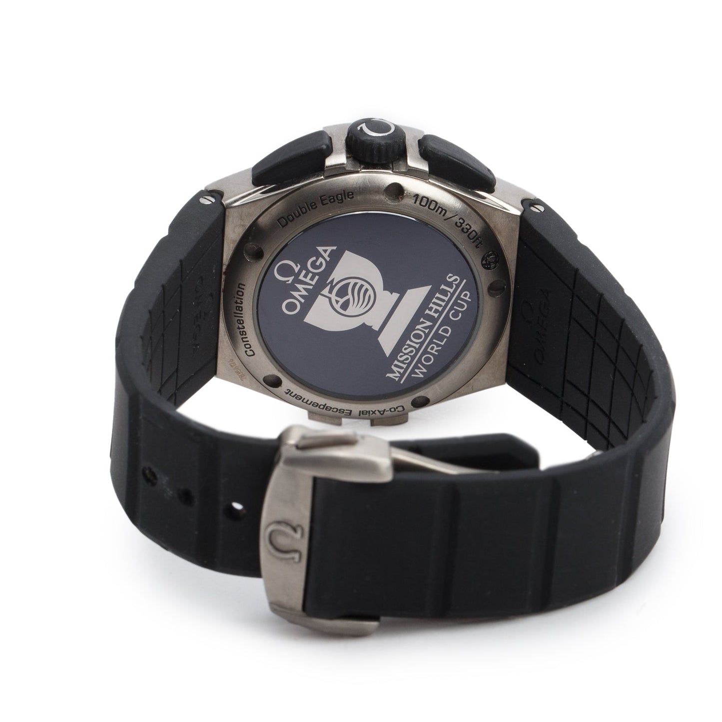 Omega Titanium Constellation Double Eagle Mission Hills World Cup 35 MM Co-Axial Chronometer Automatic Chronograph Watch Black Dial w/ Box
