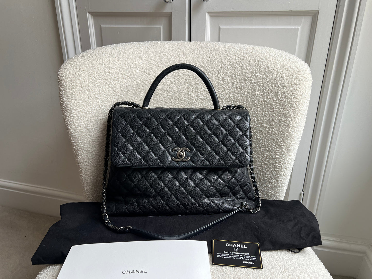 Chanel Black Quilted Caviar Leather Medium Coco Handle Bag