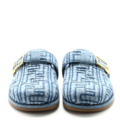 Fendi Denim Jacquard FF Womens Feel Buckled Mules 35 Blue