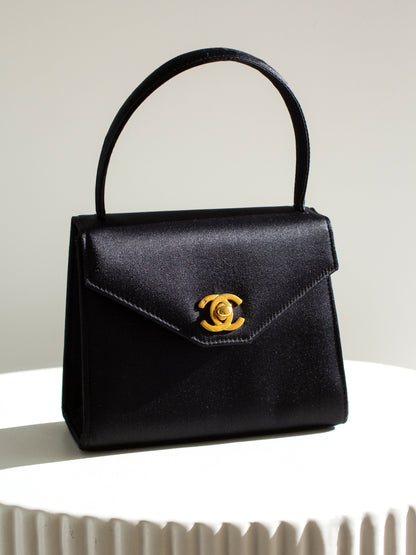 Chanel Kelly 1996 Black Satin 24K Gold Mini Evening Bag