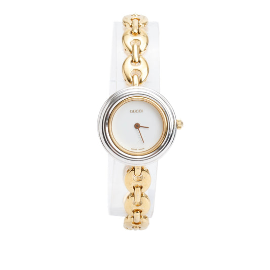 Gucci Gold Plated Stainless Steel 1100 Series 26 MM Watch White Dial w/ Box & 5 Multicolour Bezels